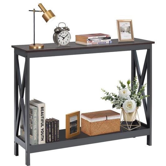 Giantex  Console Table, Sofa Side Table w/Heavy-Duty Support & X-Shaped, Narrow Accent Entryway Table, Grain
