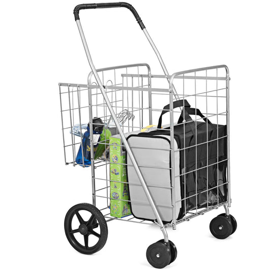 Giantex Folding Shopping Cart, Light Weight Trolley w/Handle & Swiveling Wheels, Large Grocery Cart, Silver