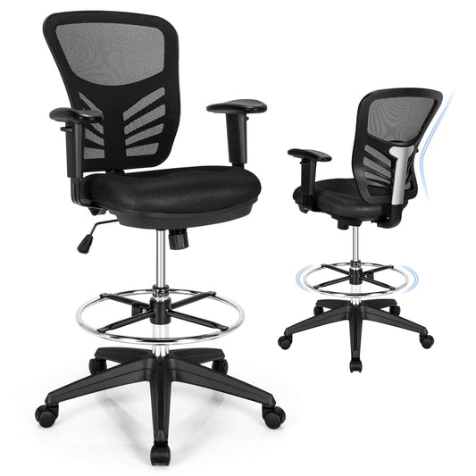 Giantex  Mesh Drafting Chair, Comfortable Office Chair w/Adjustable Armrests, Foot-Ring & Padded Cushion, Black