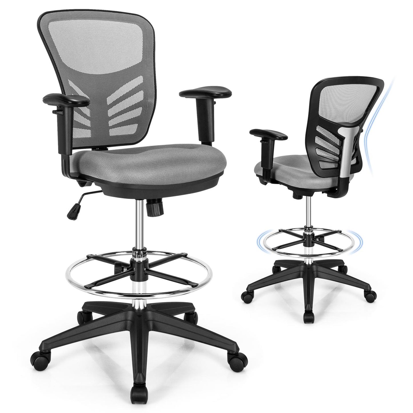 Giantex  Mesh Drafting Chair, Comfortable Office Chair w/Adjustable Armrests, Foot-Ring & Padded Cushion, Grey