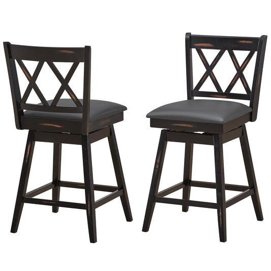 Giantex 24" Counter Height Cushioned Bar Chair, 360° Swivel Farmhouse Barstool w/Ergonomic Backrest, Waterproof PVC Surface & Solid Wood Structure