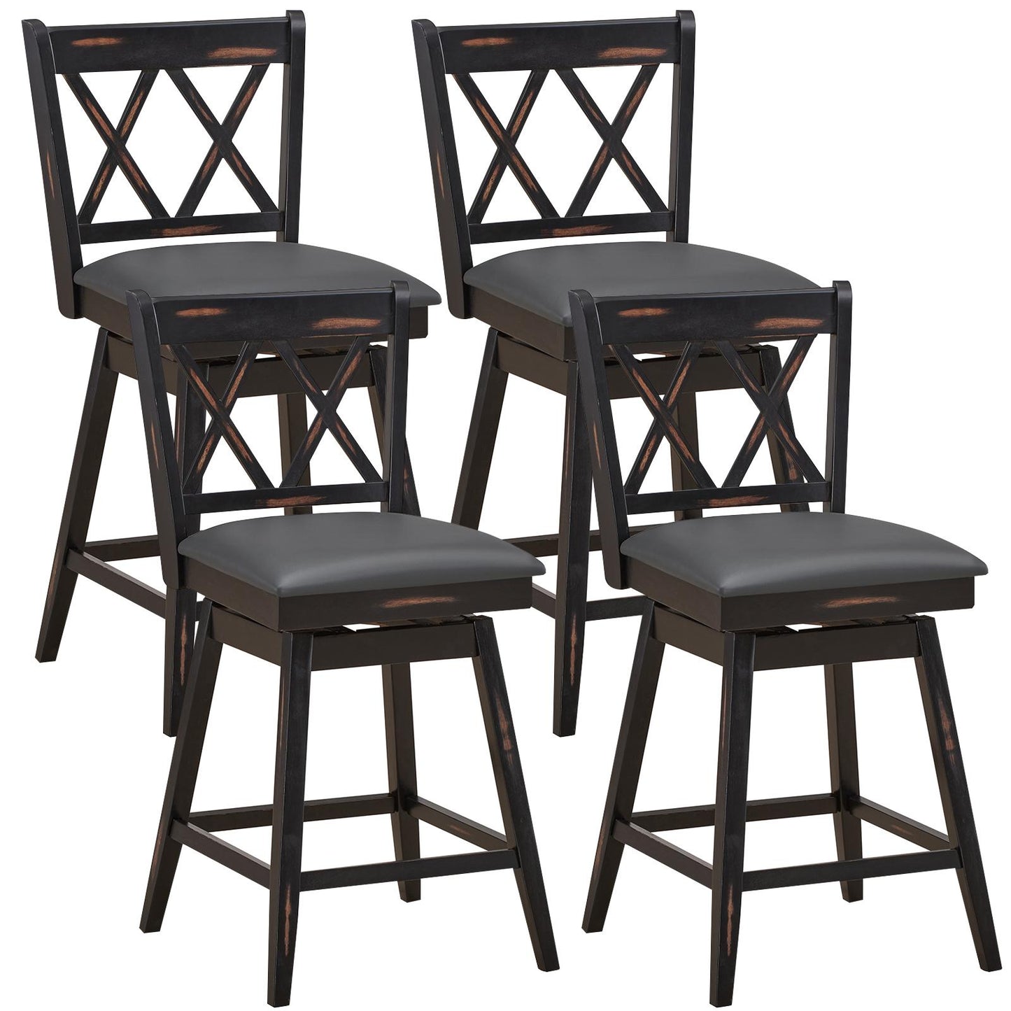 Giantex 24" Counter Height Cushioned Bar Chair, 360° Swivel Farmhouse Barstool w/Ergonomic Backrest, Waterproof PVC Surface & Solid Wood Structure