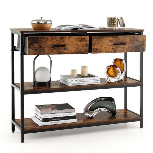 Giantex 3-Tier Entryway Table, Sofa Side Table w/2 Large Drawers & Anti-toppling Device, Console Table w/Metal Frame, Brown