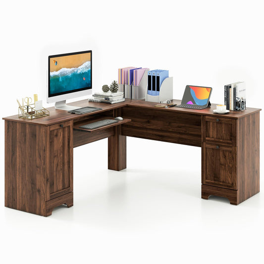 Giantex  L-Shaped Office Desk, Home Office Corner Computer Workstation w/Inner Adjustable Shelf, Space-Saving Study Writing Desk, Walnut