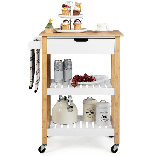 Giantex 3-tier Rolling Kitchen Cart, Service Trolley w/Natural Bamboo Countertop