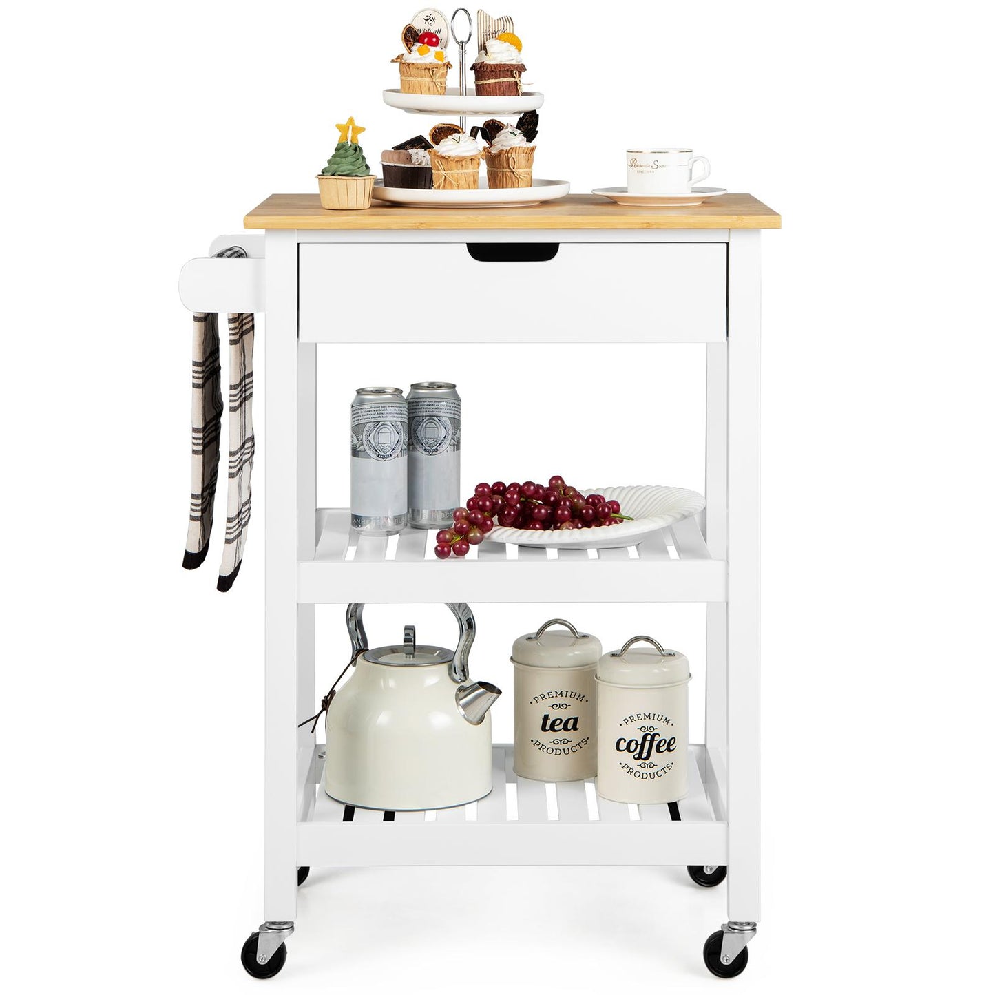 Giantex 3-tier Rolling Kitchen Cart, Service Trolley w/Natural Bamboo Countertop