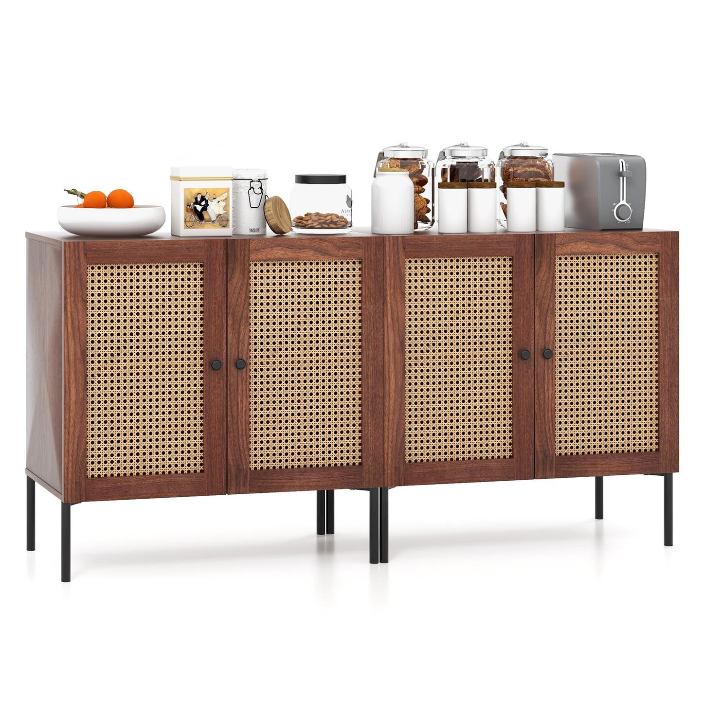 Giantex Sideboard Buffet Cabinet, Kitchen Storage Cabinet w/ Rattan Decorated Doors,Cupboard Console Table(Walnut, 2)
