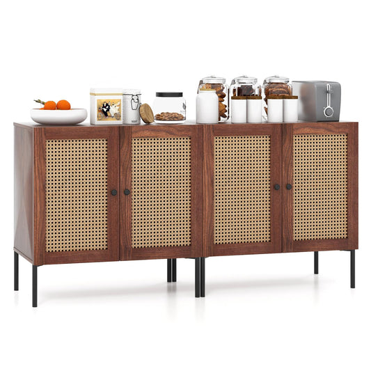 Giantex Sideboard Buffet Cabinet, Kitchen Storage Cabinet w/ Rattan Decorated Doors,Cupboard Console Table(Walnut, 2)