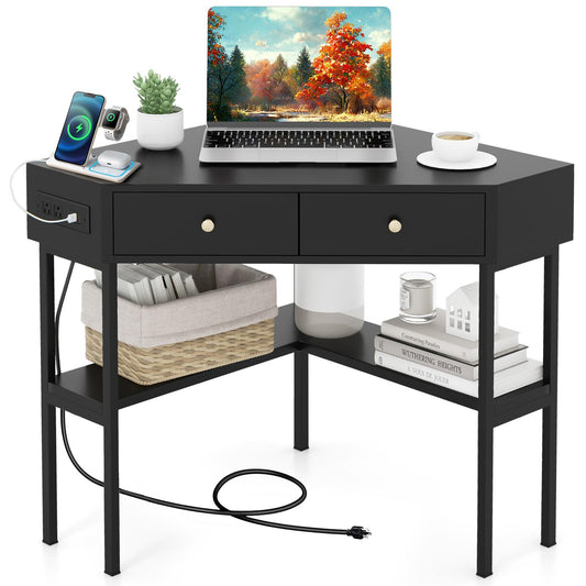 Giantex  Corner Writing  Desk, 90 Degrees Triangle Desk w/Storage Shelves & Metal Frame, Makeup Vanity Table,for Small Spaces, Black
