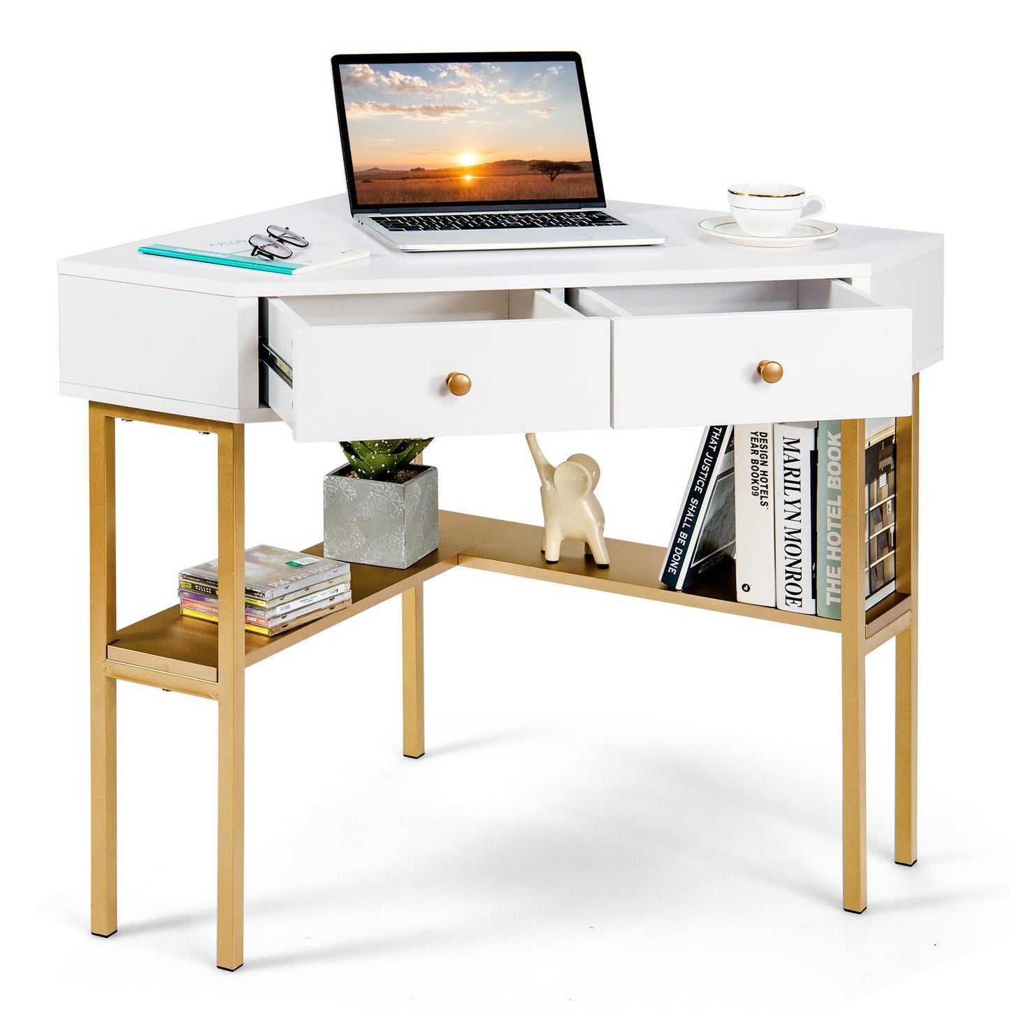 Giantex  Corner Writing  Desk, 90 Degrees Triangle Desk w/Storage Shelves & Metal Frame, Makeup Vanity Table,for Small Spaces, Gold
