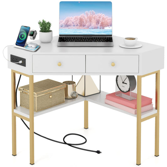 Giantex  Corner Writing  Desk, 90 Degrees Triangle Desk w/Storage Shelves & Metal Frame, Makeup Vanity Table,for Small Spaces, White