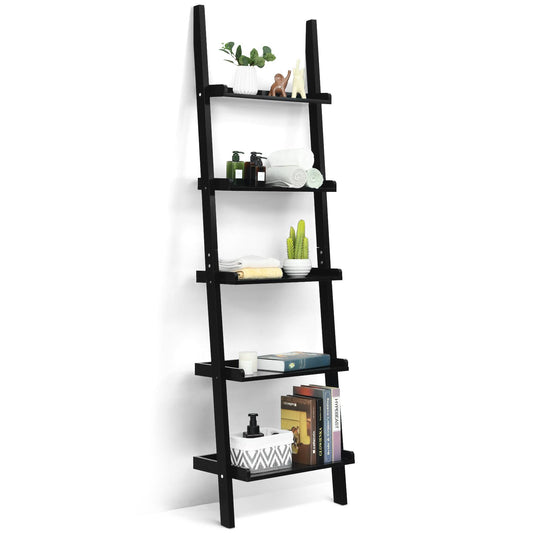 Giantex Ladder Shelf 5-Tier Wall-Leaning Bookshelf Ladder Bookcase, Simple Modern Wood Storage Display Shelf for Home, Black