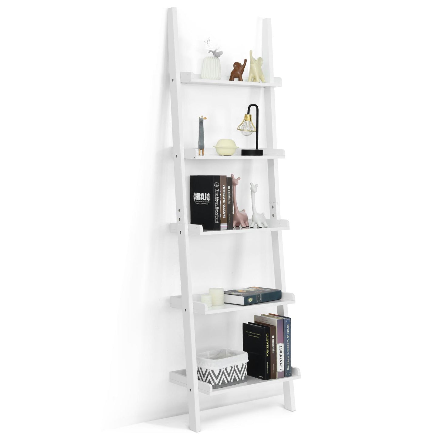 Giantex Ladder Shelf 5-Tier Wall-Leaning Bookshelf Ladder Bookcase, Simple Modern Wood Storage Display Shelf for Home, White