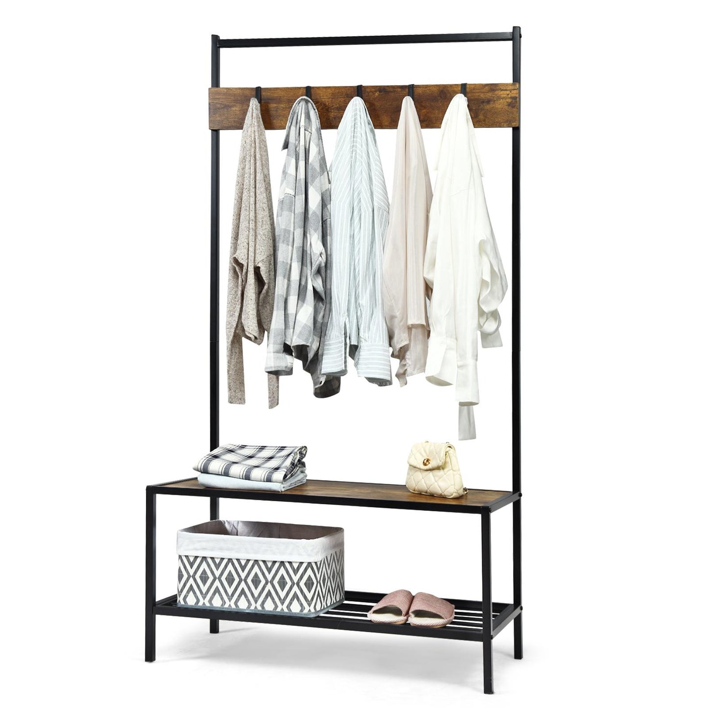 Giantex 3 in 1 Coat Rack, Classic Hall Trees w/5 Hooks, Shoe Rack & Bench, Entryway Storage Organizer, Easy Assembly, Coffee