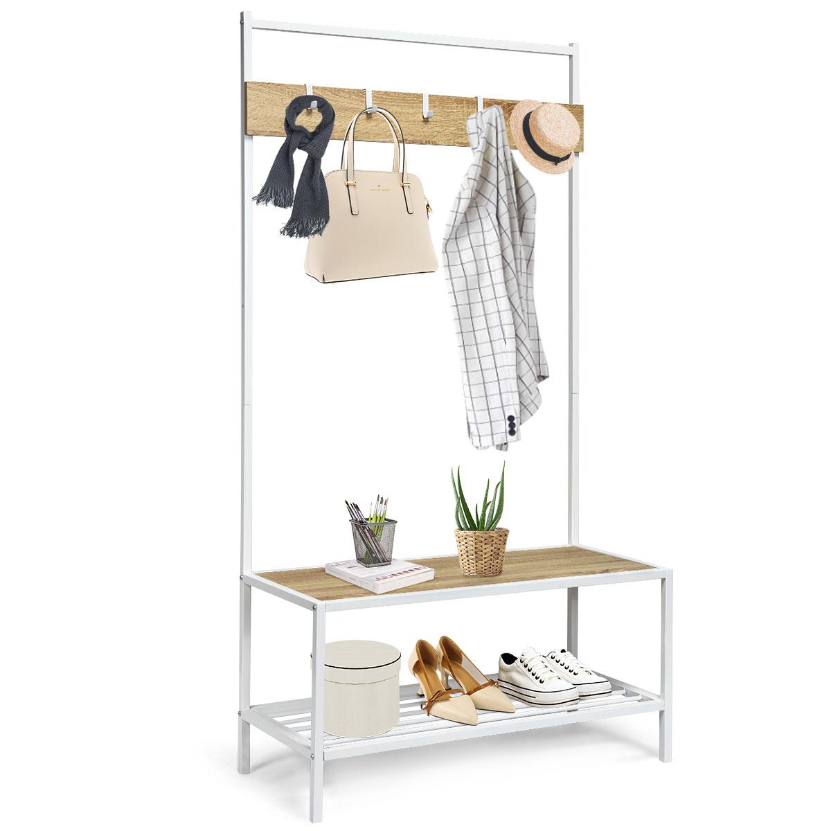 Giantex 3 in 1 Coat Rack, Classic Hall Trees w/5 Hooks, Shoe Rack & Bench, Entryway Storage Organizer, Easy Assembly, Natural