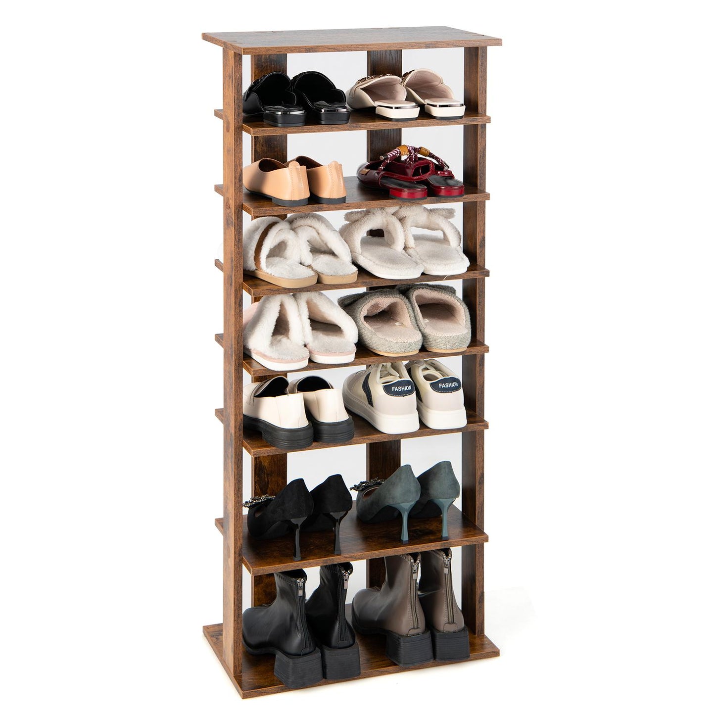 Giantex 7-Tier Wood Shoe Rack, Free Standing Vertical Shoe Racks w/Shelves of Different Heights, Rack Organizer, Brown