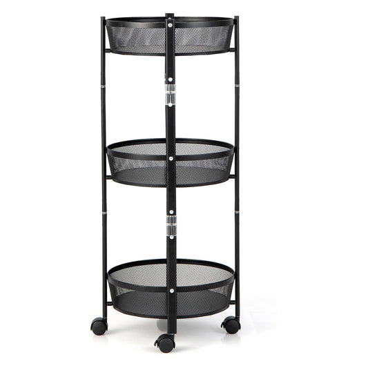 Giantex Folding Storage Cart, 3-Tier Metal Round Utility Rolling Cart Kitchen Storage Organizer, Mobile Shelving Unit Cart