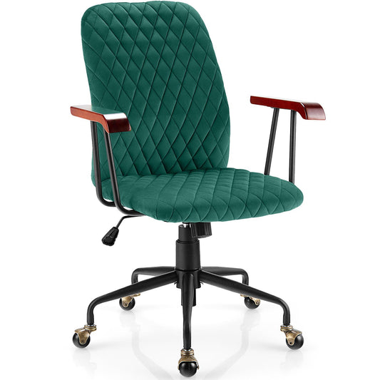 Giantex Ergonomic Swivel Adjustable Home Office Chair, Upholstered Velvet Leisure Chair w/Rubber Wood Armrests, Green