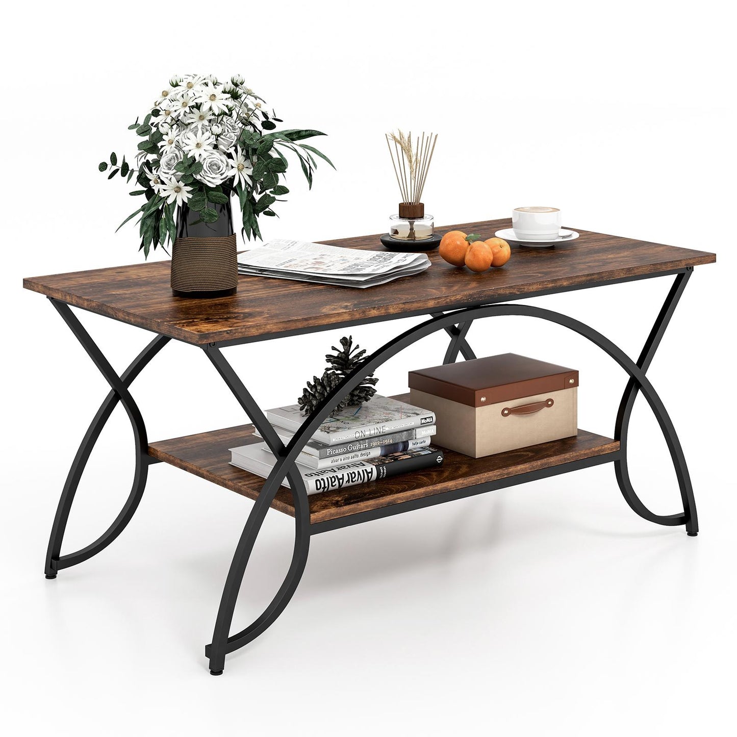 Giantex 2-Tier Industrial/Modern Coffee Table, Rectangular Cocktail Table, Accent Table w/ Arched Metal Frame, Rustic Brown