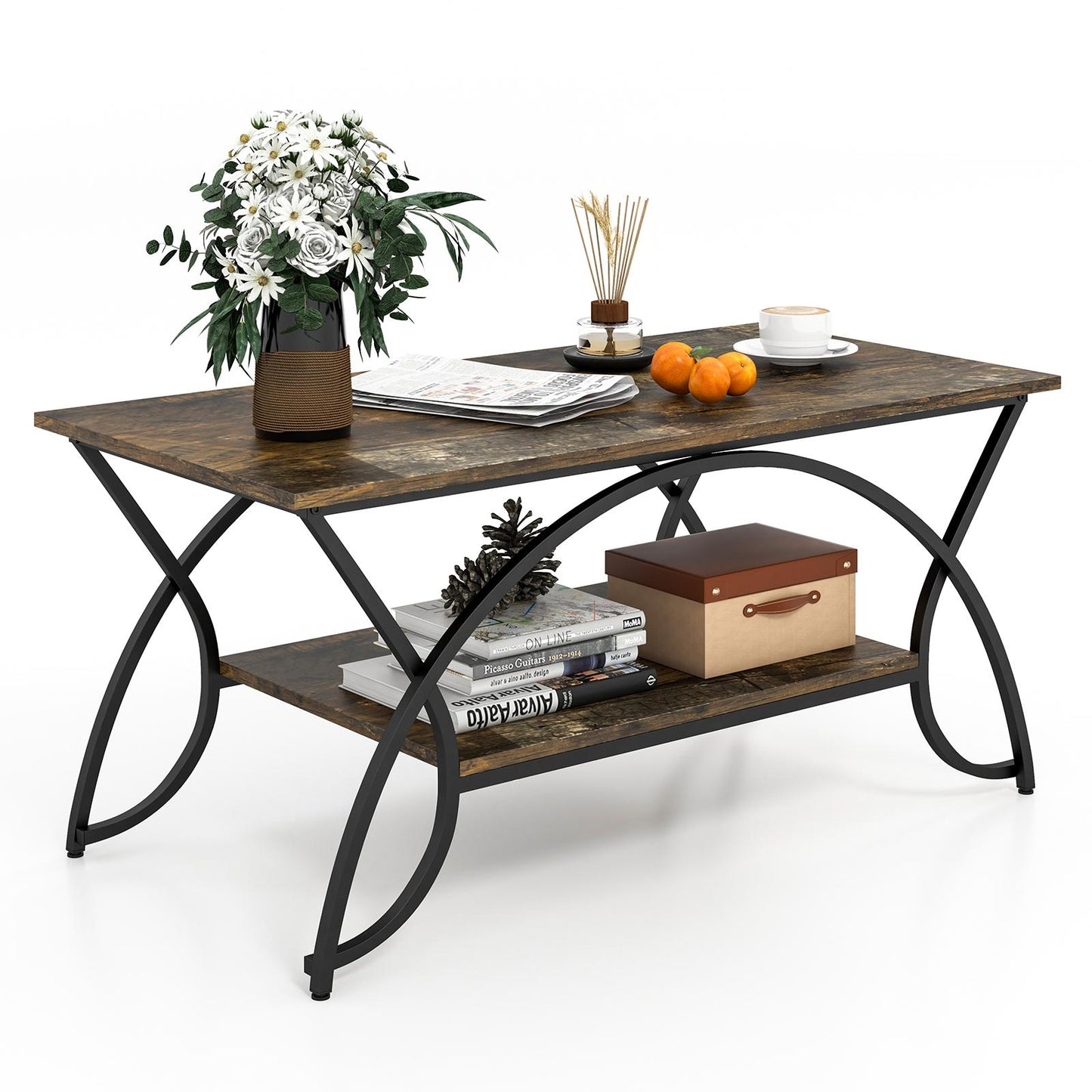 Giantex 2-Tier Industrial/Modern Coffee Table, Rectangular Cocktail Table, Accent Table w/ Arched Metal Frame, Dark Brown