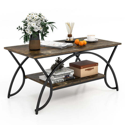 Giantex 2-Tier Industrial/Modern Coffee Table, Rectangular Cocktail Table, Accent Table w/ Arched Metal Frame, Dark Brown