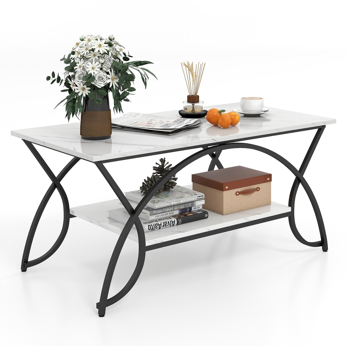 Giantex 2-Tier Industrial/Modern Coffee Table, Rectangular Cocktail Table, Accent Table w/ Arched Metal Frame, White