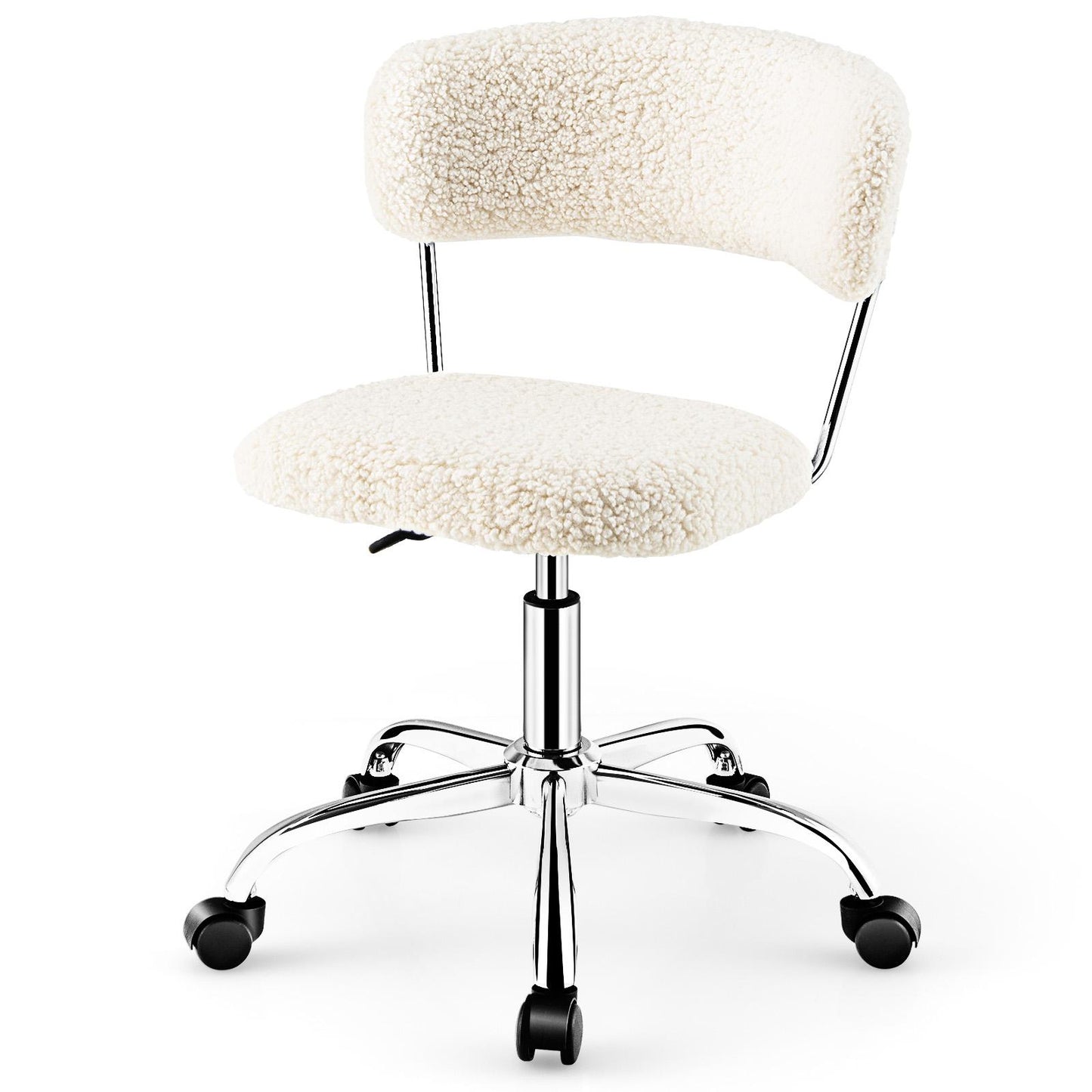 Giantex Faux Fur Low Back Swivel Leisure Chair, Rolling Armless Vanity Chair w/Galvanized Steel Frame for Home Office, White