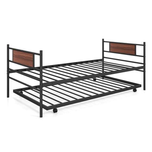 Giantex Twin Size Day Bed, Space-Saving Trundle Sofa Bed w/Wood Grain Headboard, Easy Assembly, No Box Spring Needed