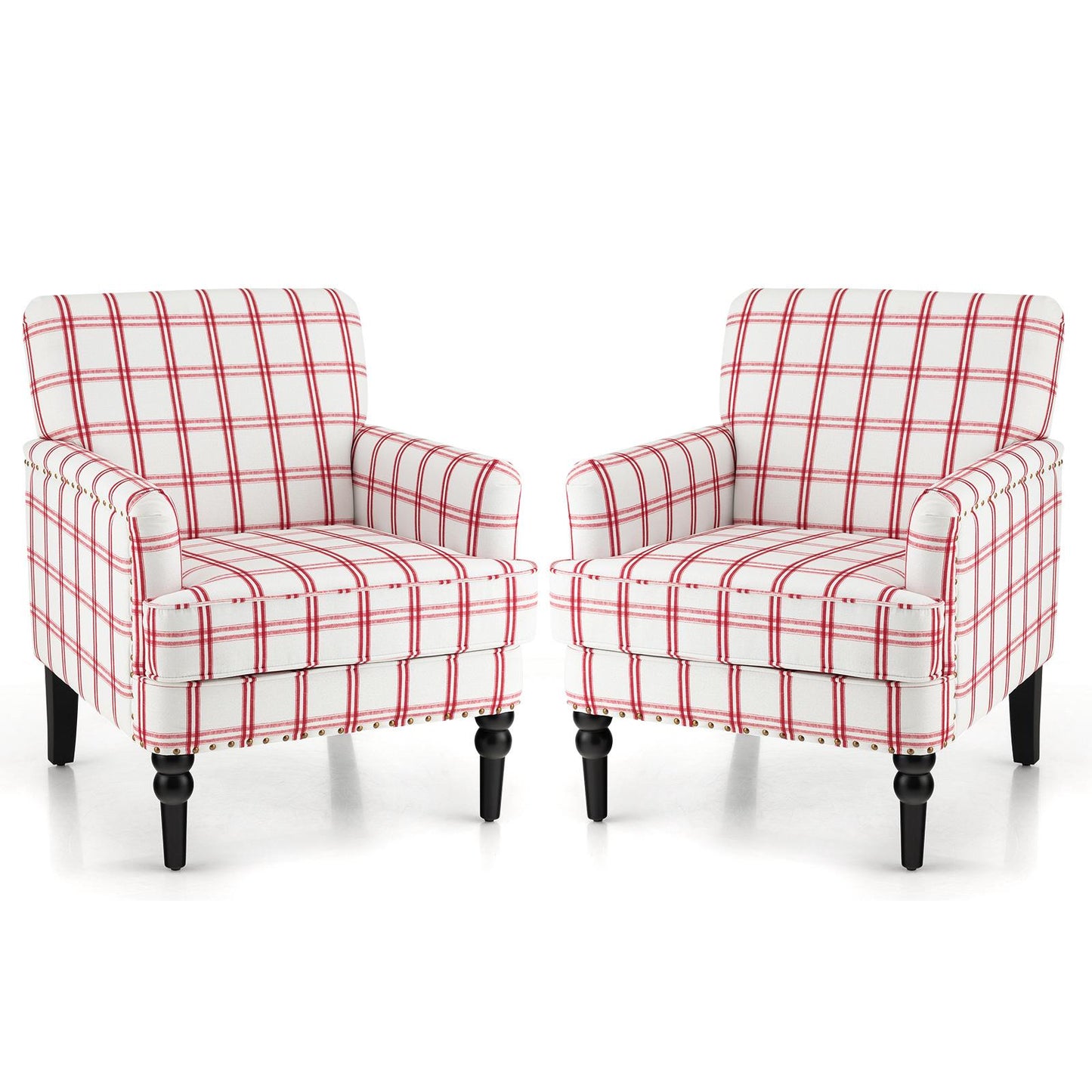 Giantex Mid-Century Modern Accent Chair, Upholstered Nailed Sofa, Comfy Soft Padded Accent Arm Chairs for Home(Red Checkerboard,2)