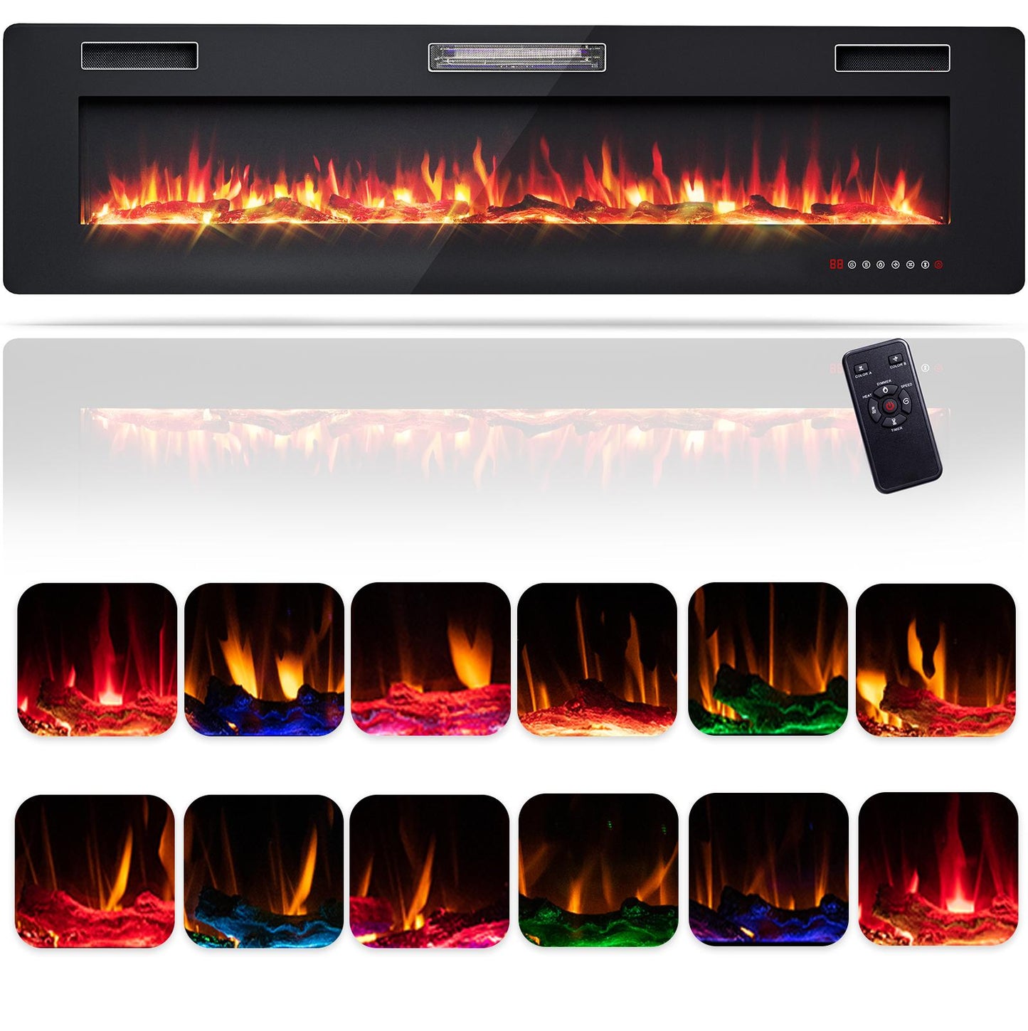 Giantex 68 Inches Ultra-Thin Electric Fireplace, Recessed &Wall Mounted Fireplace Heater w/Log & Decorative Crystals, Overheat Protection, 750W/1500W