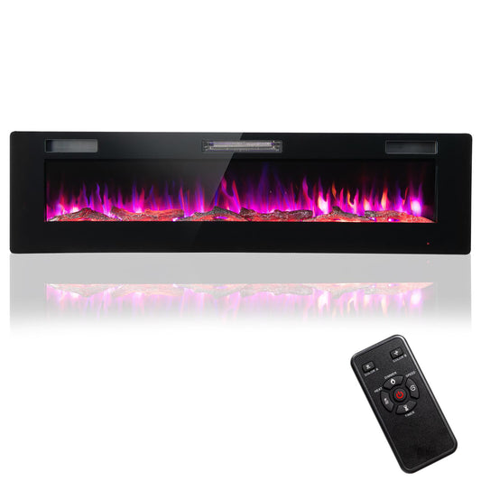 Giantex 60" Ultra-thin Electric Fireplace, 750W/1500W Recessed & Wall Mounted Electric Fireplace w/Timer Function, Log & Decorative Crystals, Overheat Protection