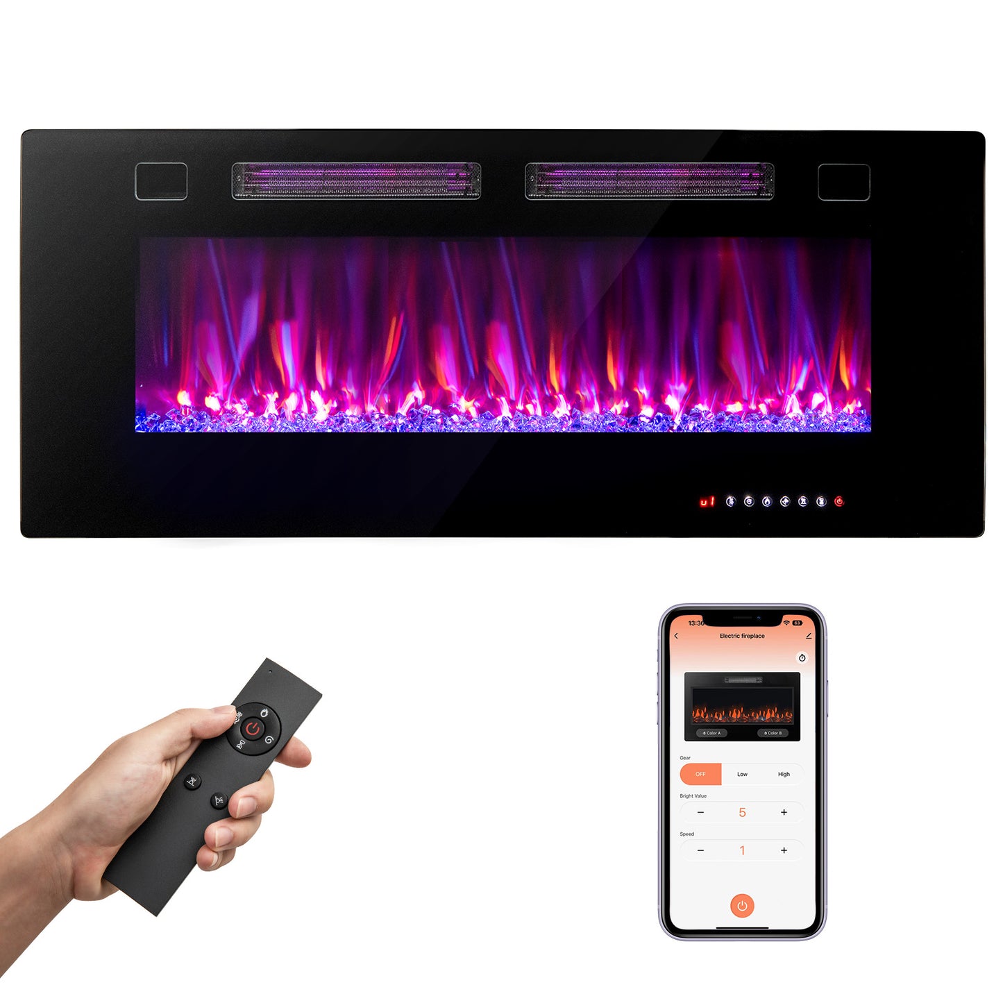 Giantex 42 Inches Ultra-Thin Electric Fireplace, Wall-Mounted & Recessed Fireplace Heater w/Smart APP Control, Decorative Crystals, Dual Control & Overheat Protection
