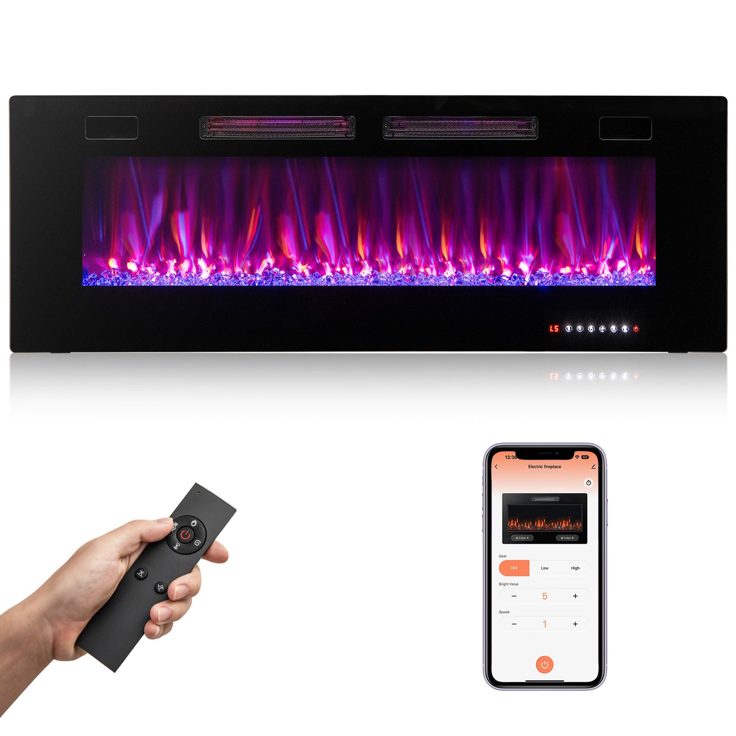 Giantex 50 Inches Ultra-Thin Electric Fireplace, Wall-Mounted & Recessed Fireplace Heater w/Smart APP Control, Decorative Crystals, Dual Control & Overheat Protection