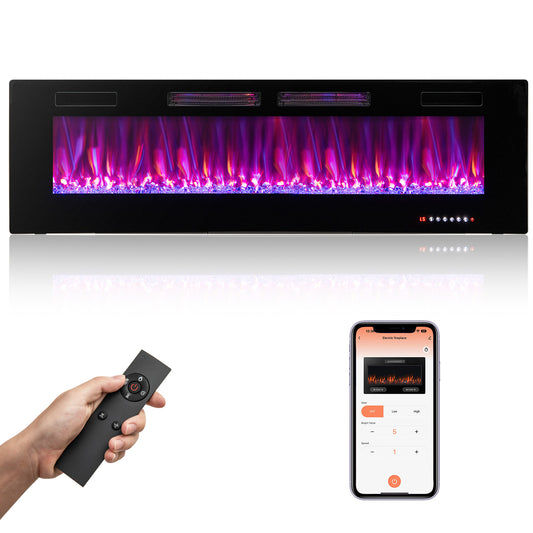 Giantex 60 Inches Ultra-Thin Electric Fireplace, Wall-Mounted & Recessed Fireplace Heater w/Smart APP Control, Decorative Crystals, Dual Control & Overheat Protection