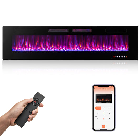 Giantex 42/50/60/72 Inches Ultra-Thin Electric Fireplace, Wall-Mounted & Recessed Fireplace Heater w/Smart APP Control, Decorative Crystals, Dual Control & Overheat Protection, 750W/1500W