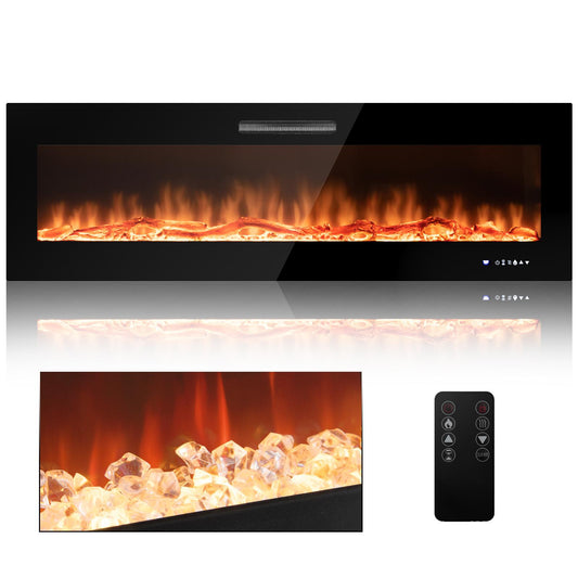 Giantex 50/60 Inch Recessed & Wall Mounted Electric Fireplace w/Log and Decorative Crystal, Fireplace Heater, Overheat Protection, 750W/1500W