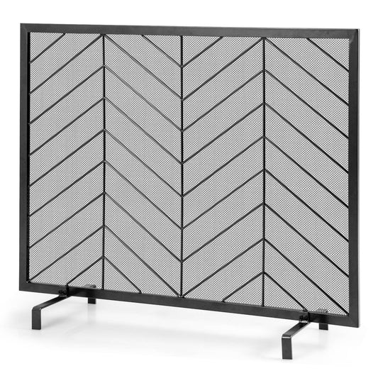 Giantex Single Panel Fireplace Screen, Wrought Metal Fire Spark Guard, Decorative Mesh Fireplace Cover for Living Room, Bedroom, Gold/Black, Black