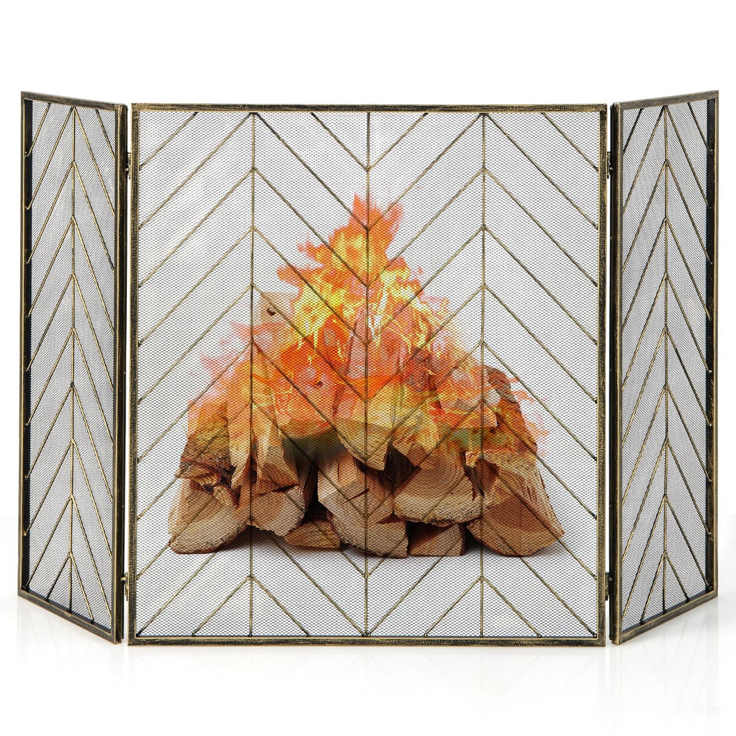 Giantex Fireplace Screen, 3-Panel Foldable Wrought Iron Fireplace Screens for Wood Burning Fireplace, Decorative Flat Metal Mesh Fire Spark Guard Cover, Bronze