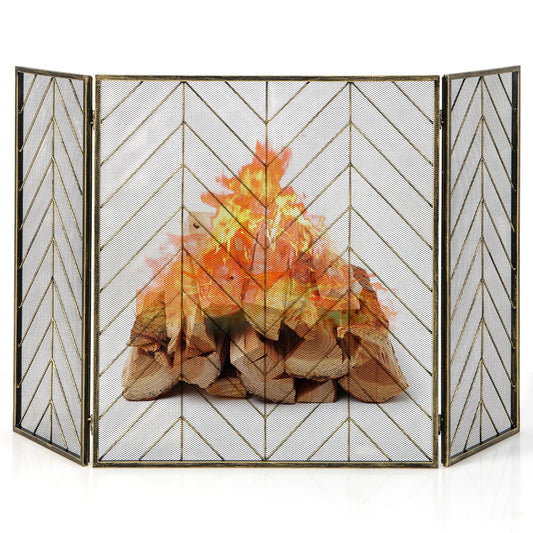 Giantex Fireplace Screen, 3-Panel Foldable Wrought Iron Fireplace Screens for Wood Burning Fireplace, Decorative Flat Metal Mesh Fire Spark Guard Cover, Bronze