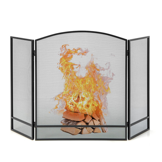 Giantex 3-Panel Folding Fireplace Screen, Wrought Iron Spark Guard Fence, Metal Furnace Fireguards Mesh Cover, Home Decorative Fire Spark Grate Protector, No Assembly
