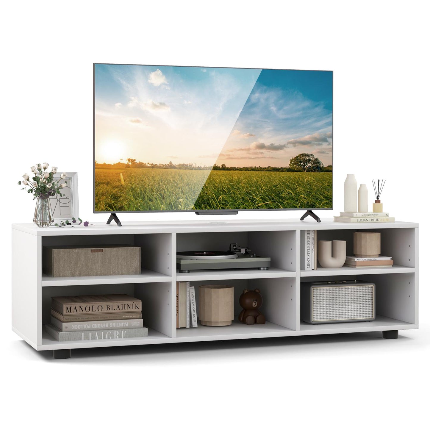 Giantex TV Stand, TV Console Cabinet w/6 Open Compartments & 3 Adjustable Shelves, Cubby Media Console Center for TVs up to 50"