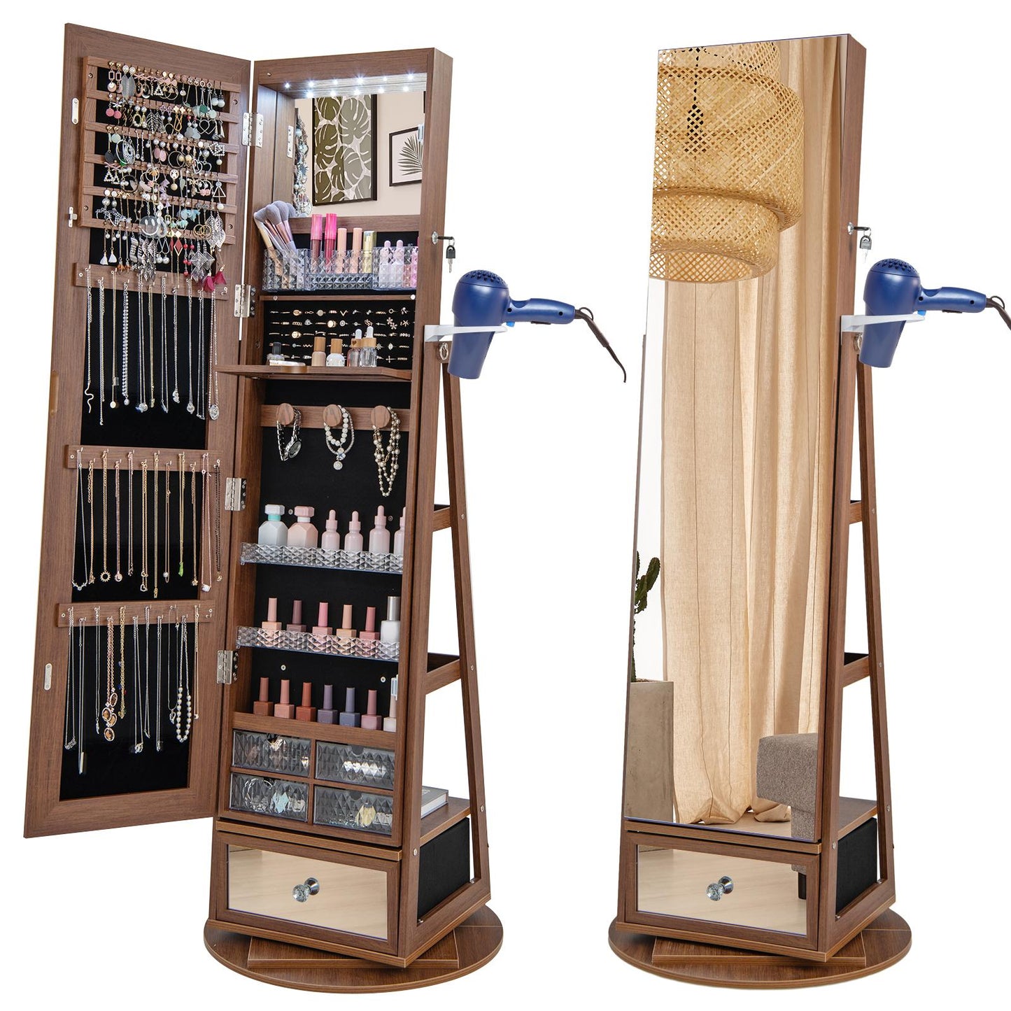 Giantex 360¡ã Swivel Jewelry Cabinet, Standing Jewelry Armoire Organizer w/LED Light, Full Length Mirror & Dressing table, Walnut