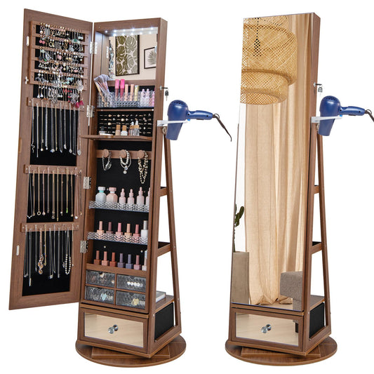 Giantex 360¡ã Swivel Jewelry Cabinet, Standing Jewelry Armoire Organizer w/LED Light, Full Length Mirror & Dressing table, Walnut