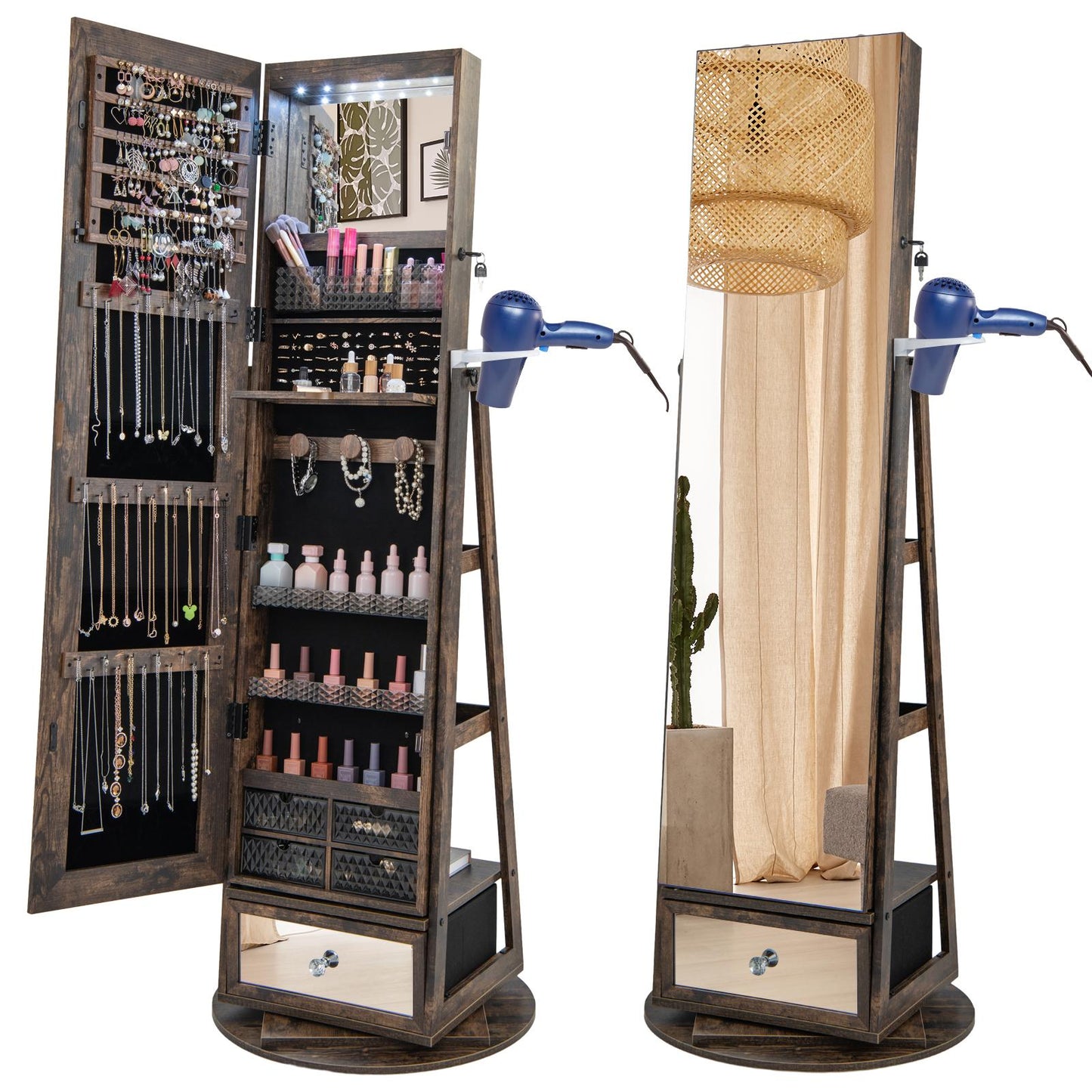 Giantex 360¡ã Swivel Jewelry Cabinet, Standing Jewelry Armoire Organizer w/LED Light, Full Length Mirror & Dressing table, Rustic Brown