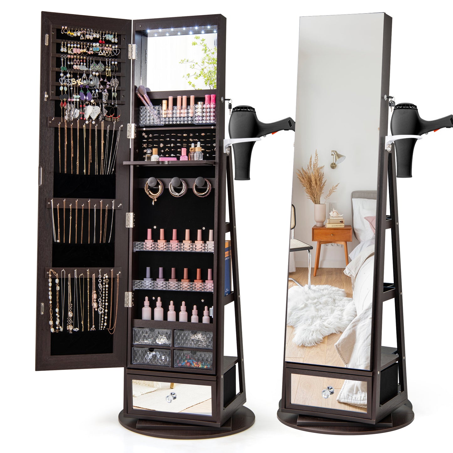 Giantex 360¡ã Swivel Jewelry Cabinet, Standing Jewelry Armoire Organizer w/LED Light, Full Length Mirror & Dressing table, Dark Brown