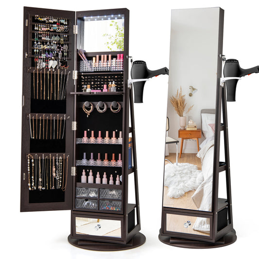 Giantex 360¡ã Swivel Jewelry Cabinet, Standing Jewelry Armoire Organizer w/LED Light, Full Length Mirror & Dressing table, Dark Brown