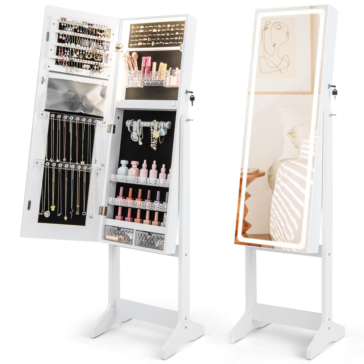 Giantex Full Length Dressing Mirror Jewelry Cabinet, Large Capacity Freestanding Lockable Jewelry Armoire, White