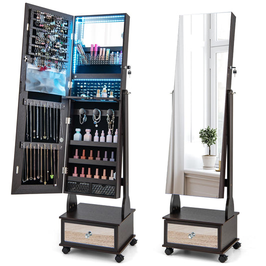 Giantex Standing Jewelry Armoire, Lockable Jewelry Organizer w/Full-Length Mirror, Vanity Mirror & 3-Color LED Lights, Mobile Jewelry Cabinet
