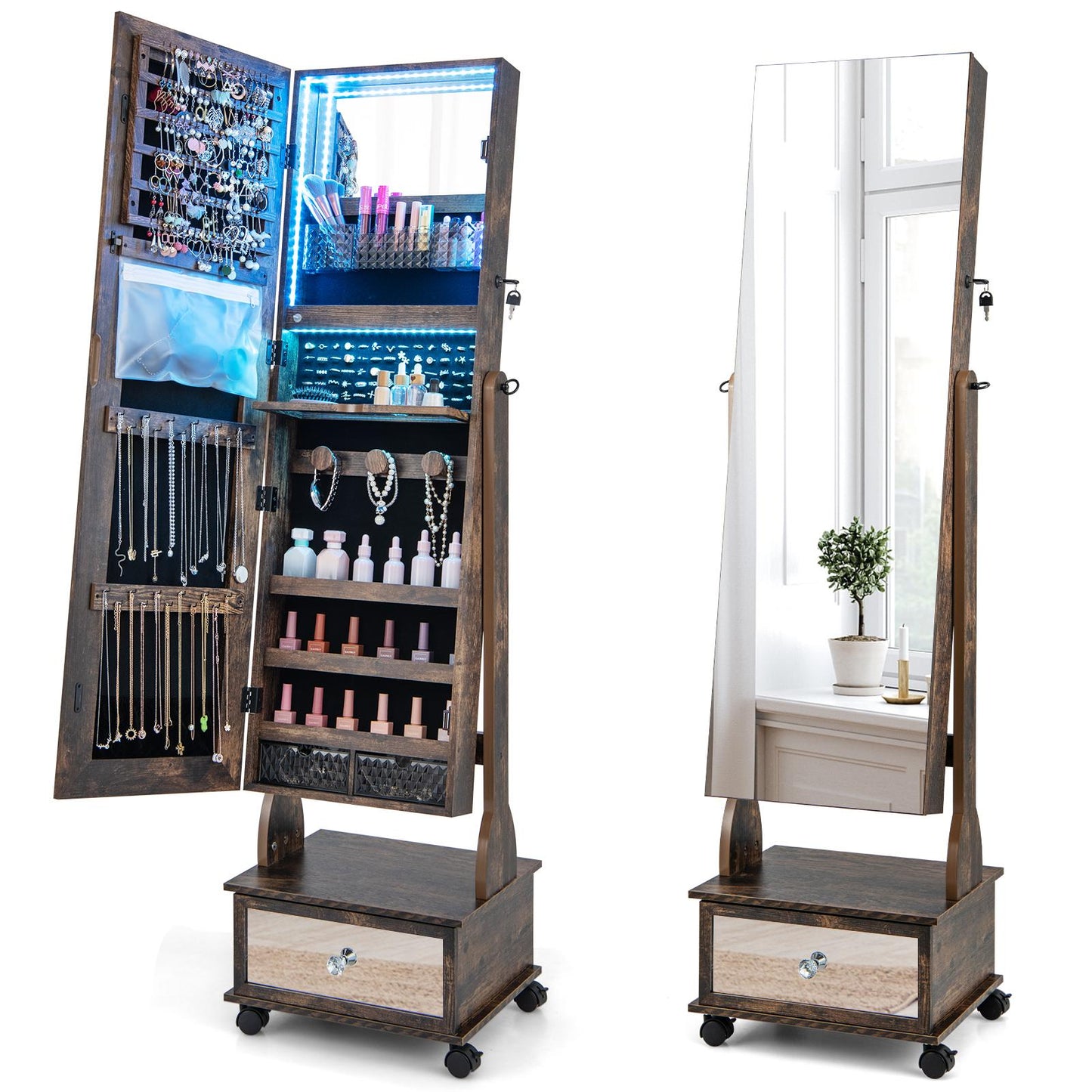 Giantex Standing Jewelry Armoire, Lockable Jewelry Organizer w/Full-Length Mirror, Vanity Mirror & 3-Color LED Lights, Mobile Jewelry Cabinet