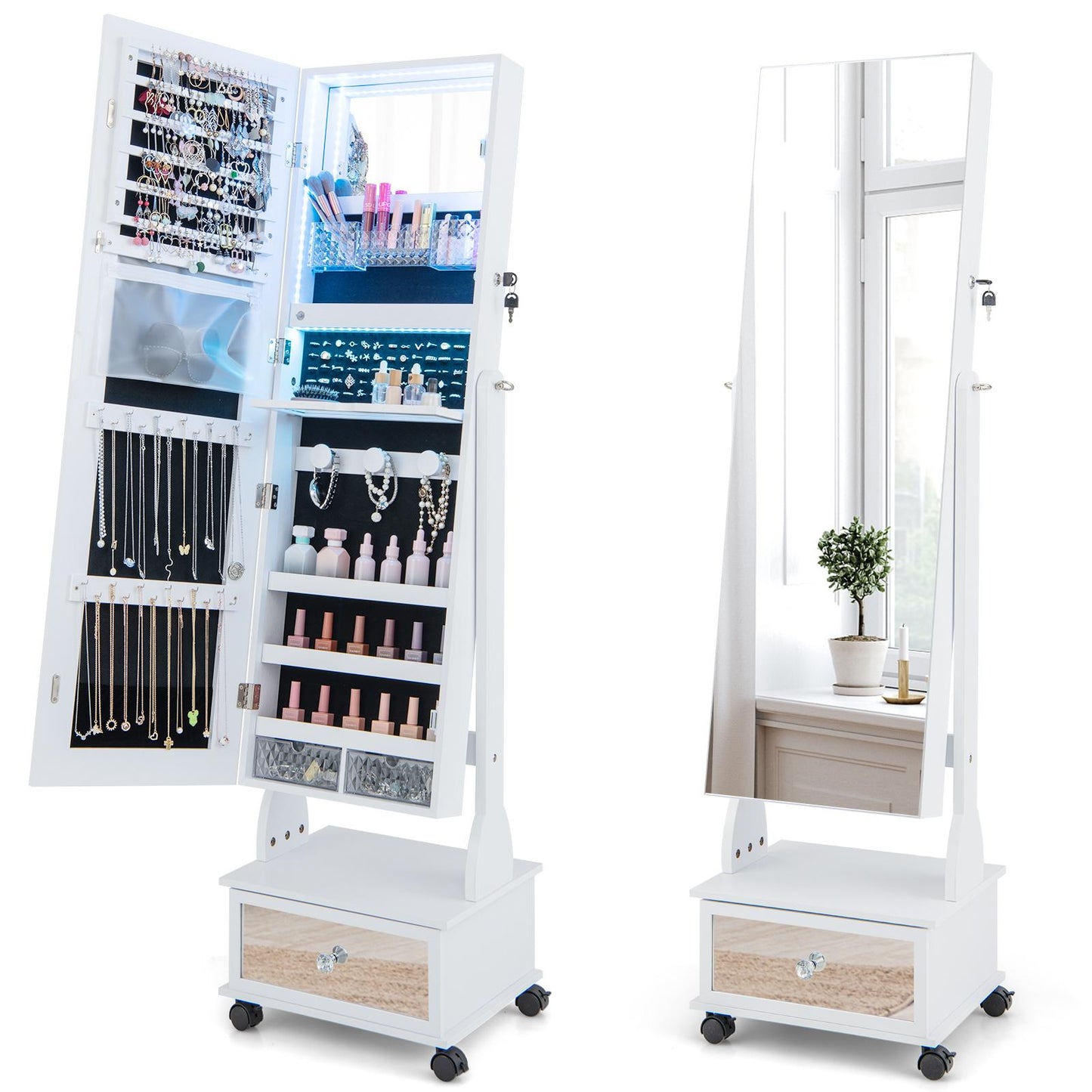 Giantex Standing Jewelry Armoire, Lockable Jewelry Organizer w/Full-Length Mirror, Vanity Mirror & 3-Color LED Lights, Mobile Jewelry Cabinet